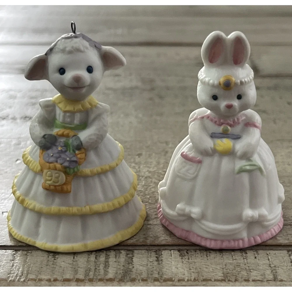 Hallmark Vintage Easter Ornaments Bells 1991 Lovely Lamb & 1992‎ Belle Bunny
